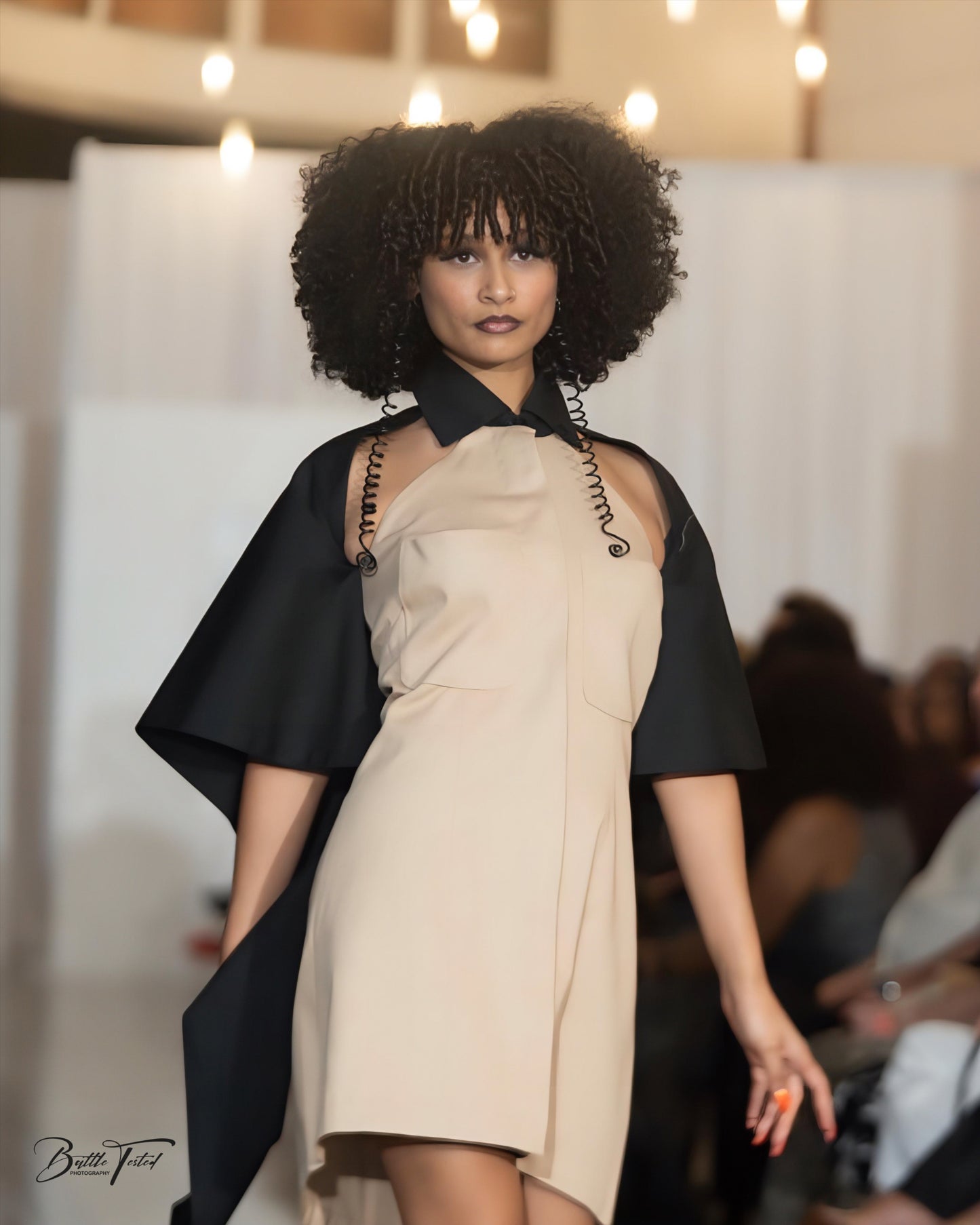 Noirveil — Tan Twill Shift with Black Cotton Cape Ruffle