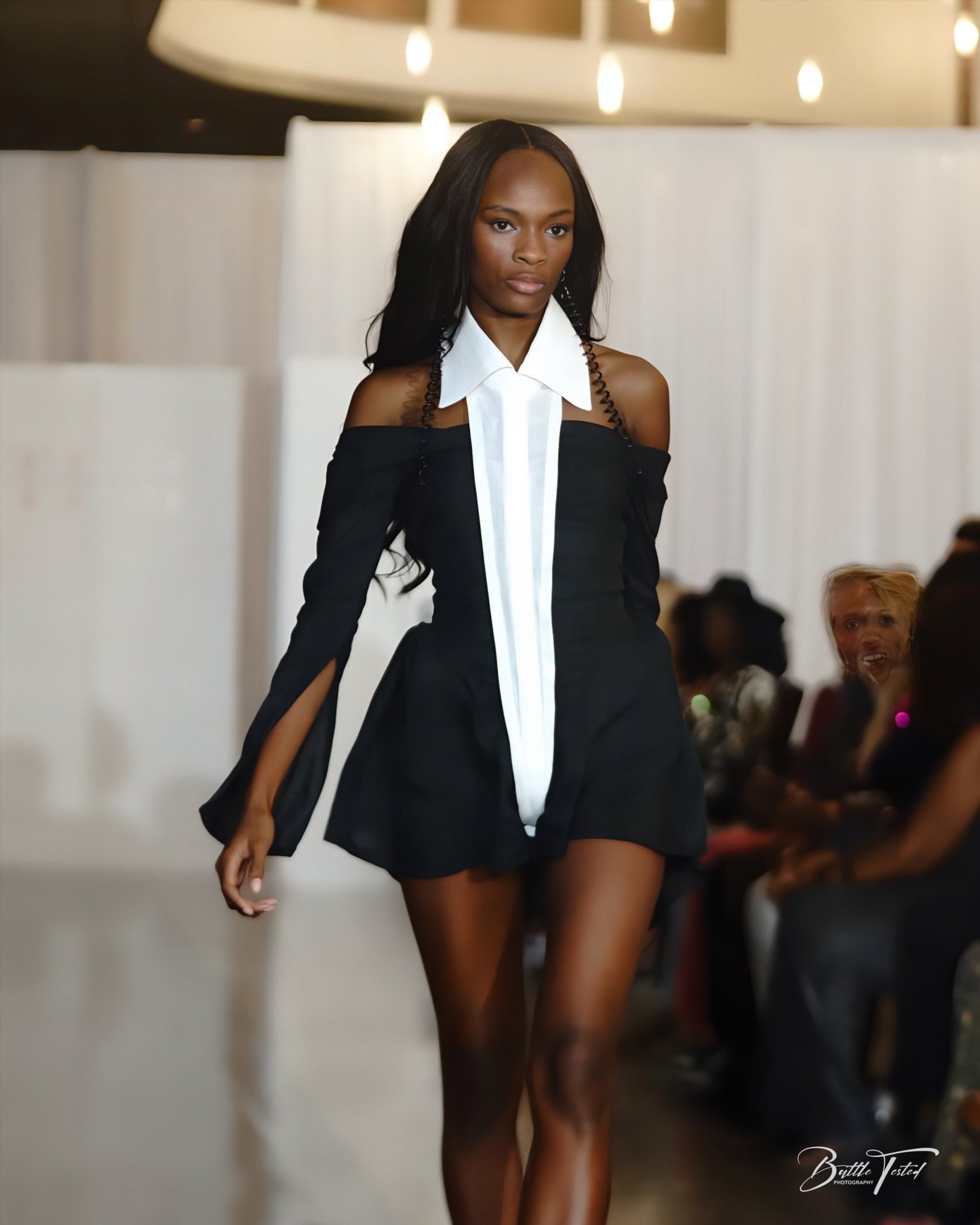 Vera Forma — Off-Shoulder Romper in Hemp Satin with Sheer Cotton Panel