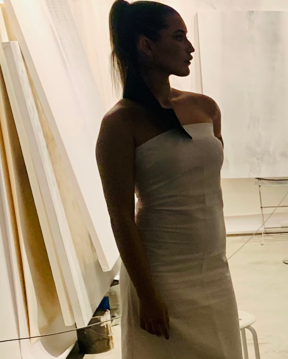 Anastasi Fashion design – Half Moon Eclipse White And Black Organic Cotton Dress (Side Full)