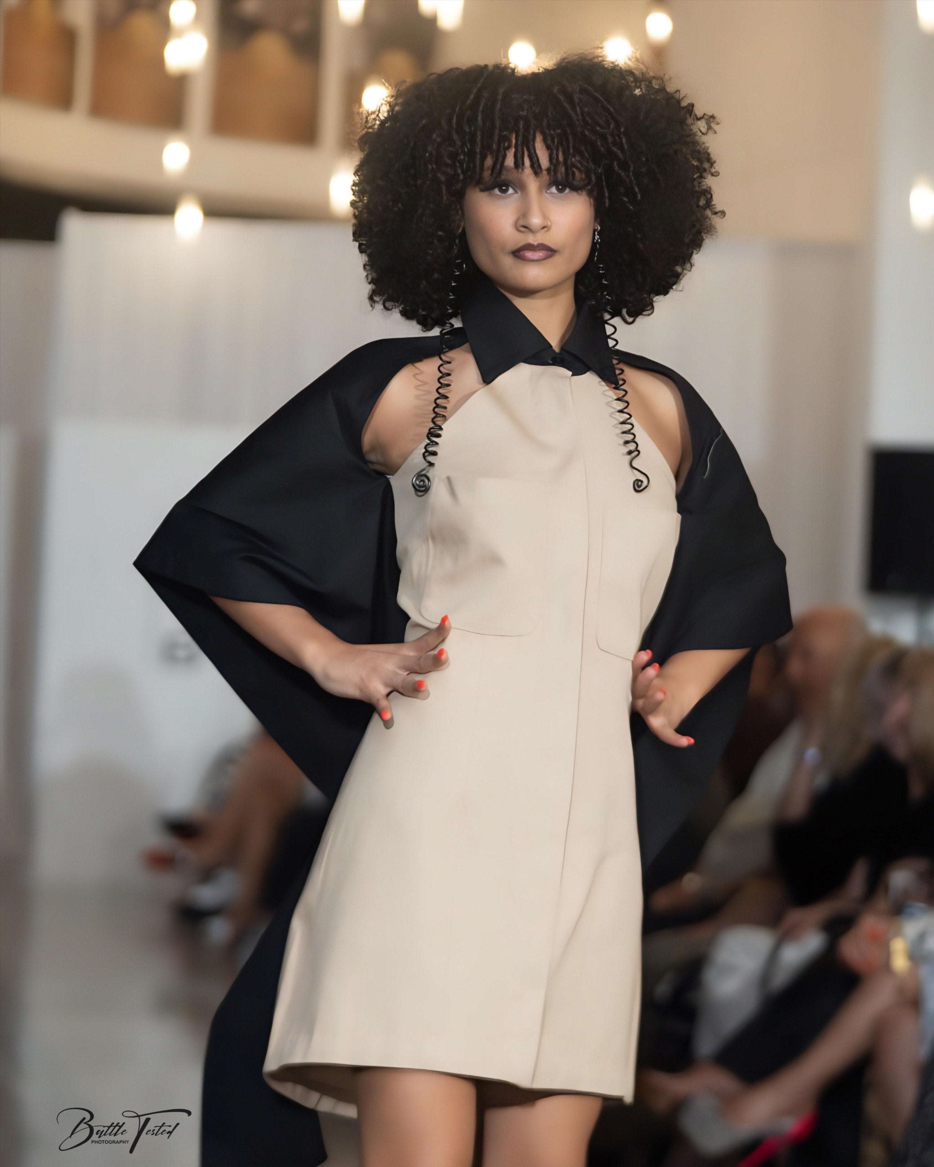 Noirveil — Tan Twill Shift with Black Cotton Cape – Anástasi Fashion