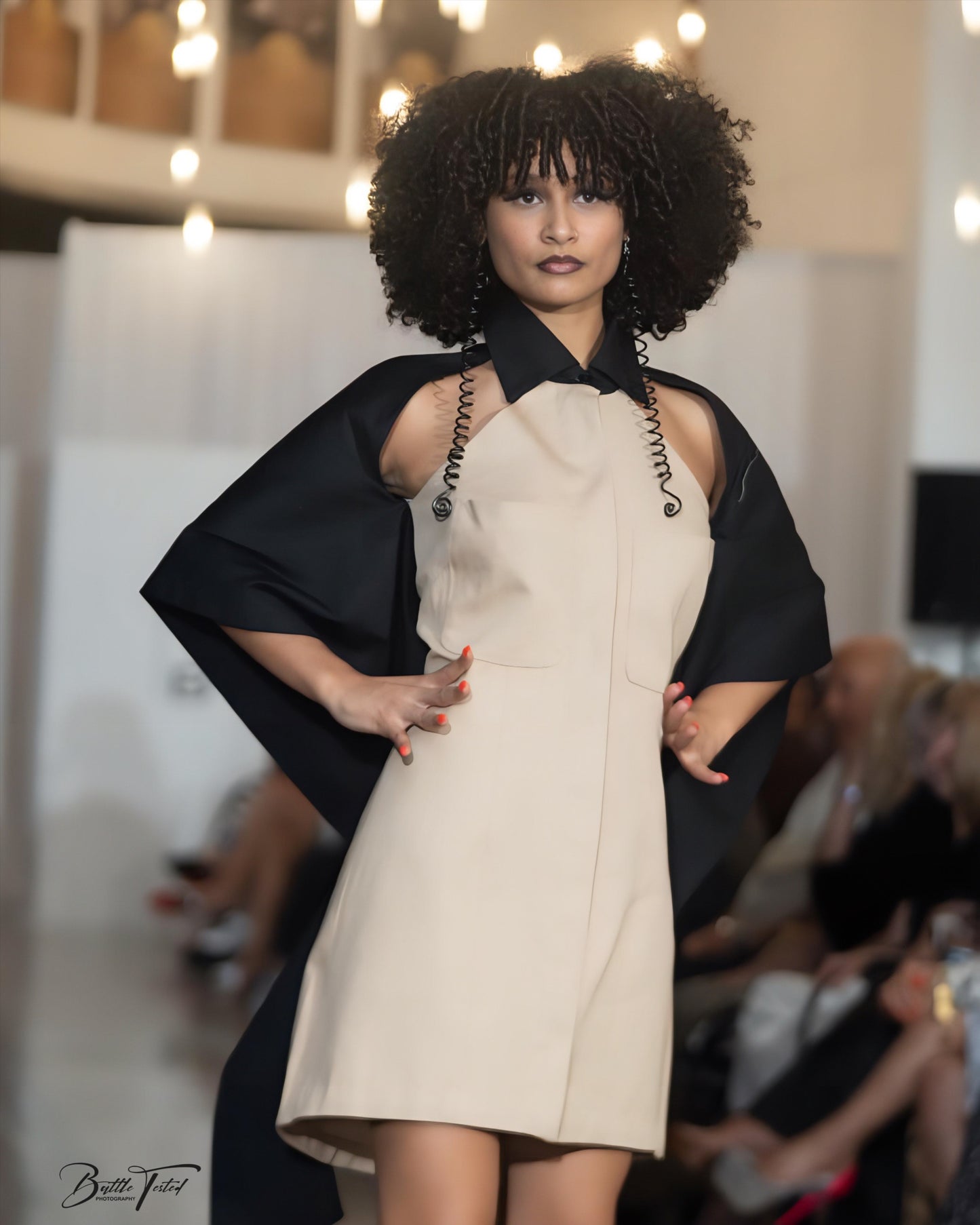 Noirveil — Tan Twill Shift with Black Cotton Cape Ruffle