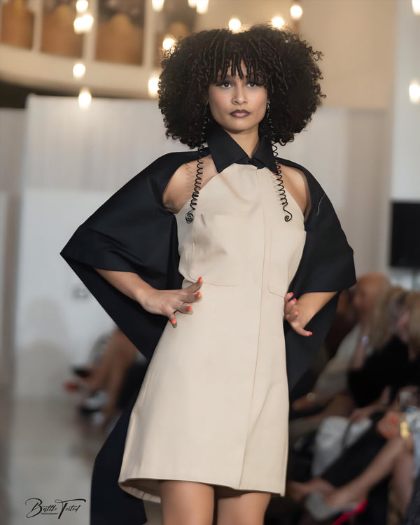 Noirveil — Tan Twill Shift with Black Cotton Cape Ruffle