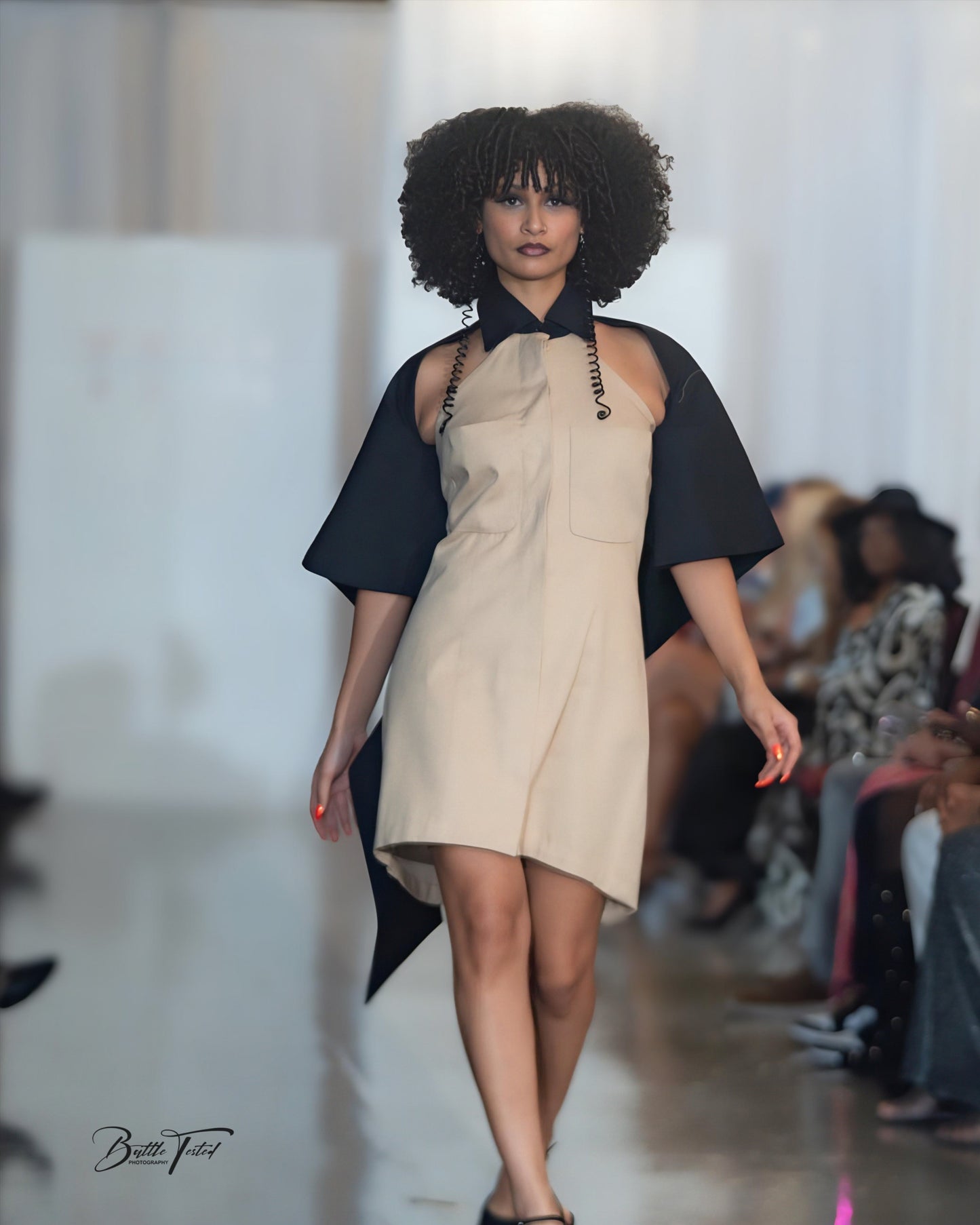 Noirveil — Tan Twill Shift with Black Cotton Cape Ruffle