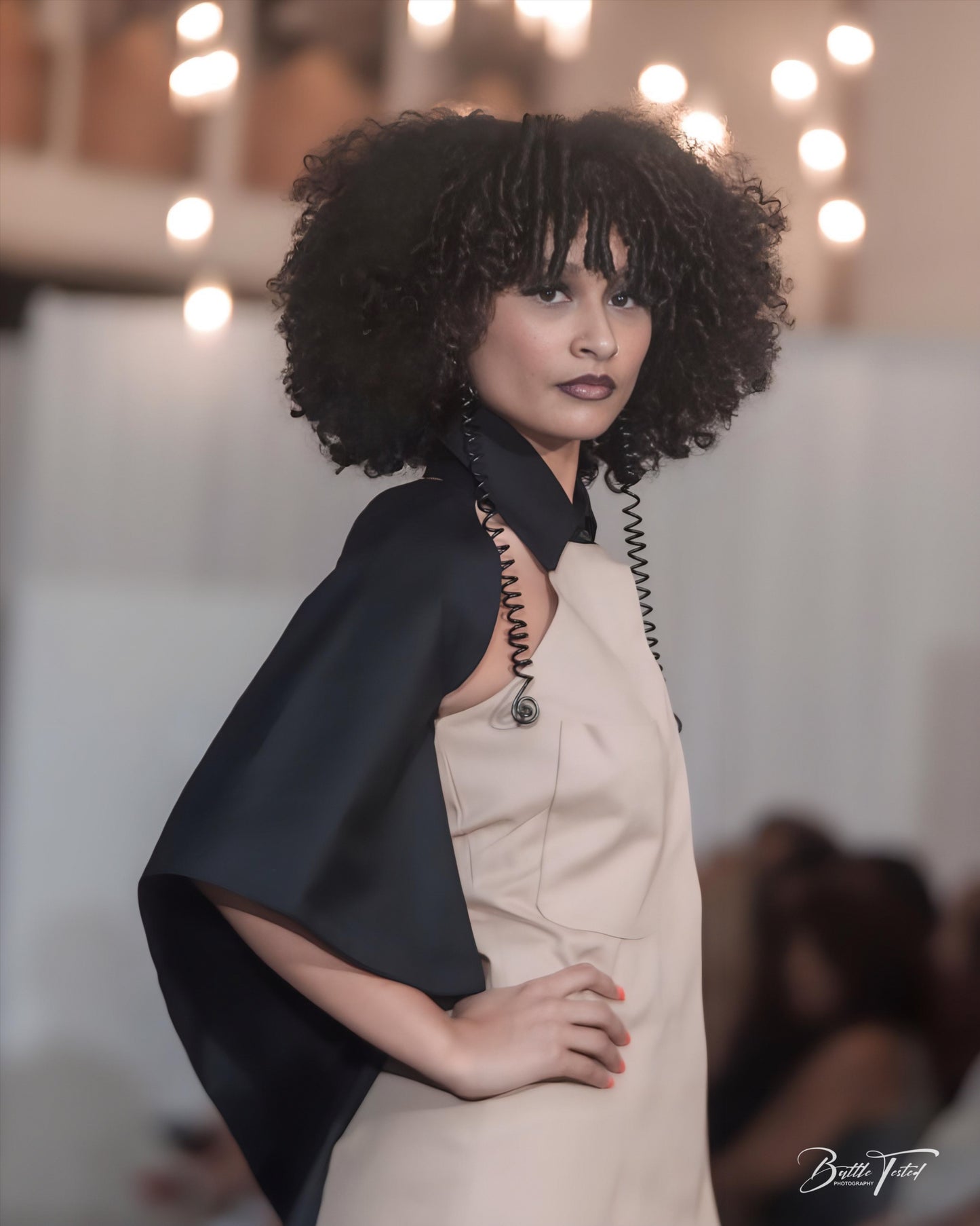 Noirveil — Tan Twill Shift with Black Cotton Cape Ruffle