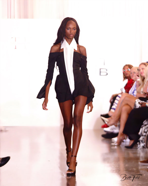 Vera Forma — Off-Shoulder Romper in Hemp Satin with Sheer Cotton Panel