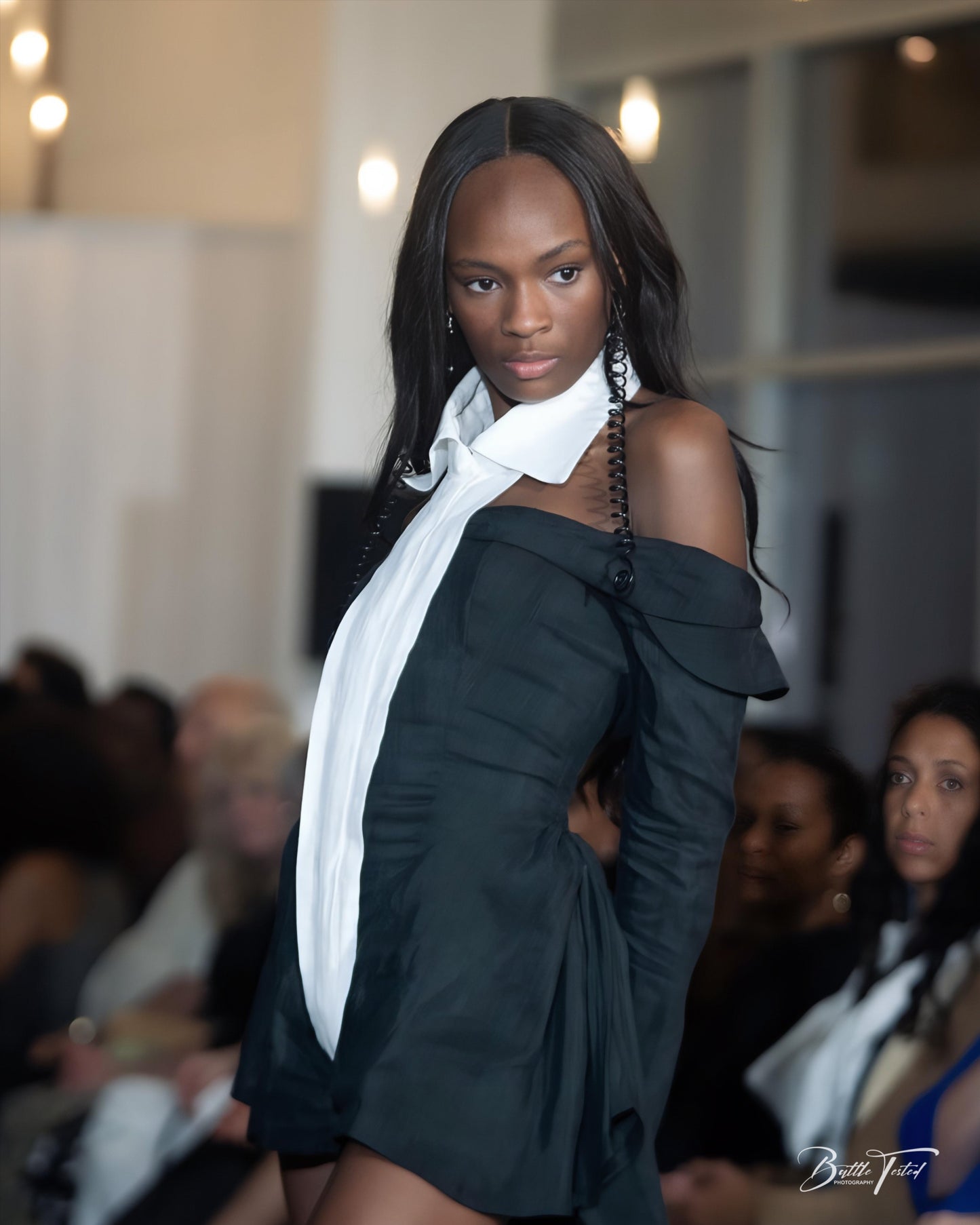 Vera Forma — Off-Shoulder Romper in Hemp Satin with Sheer Cotton Panel