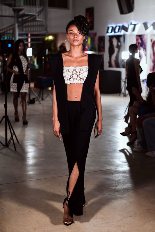 Midnight Eclipse Organic Ivory Cotton Lace Cropped top and black jumpsuit