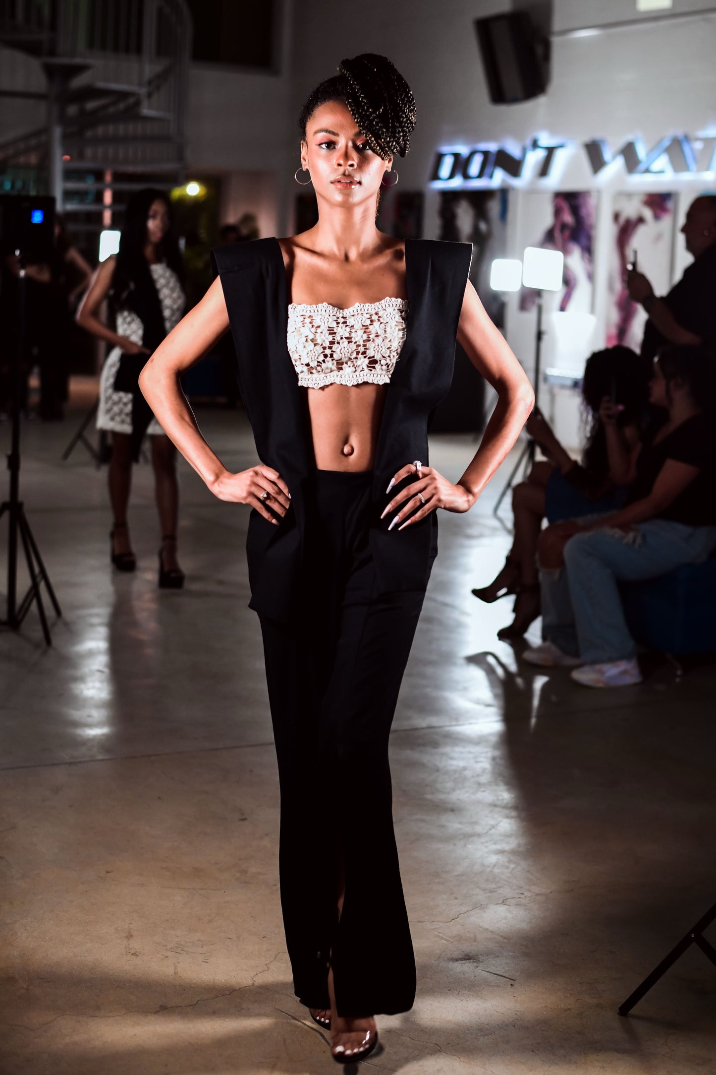 Midnight Eclipse Organic Ivory Cotton Lace Cropped top and black jumpsuit