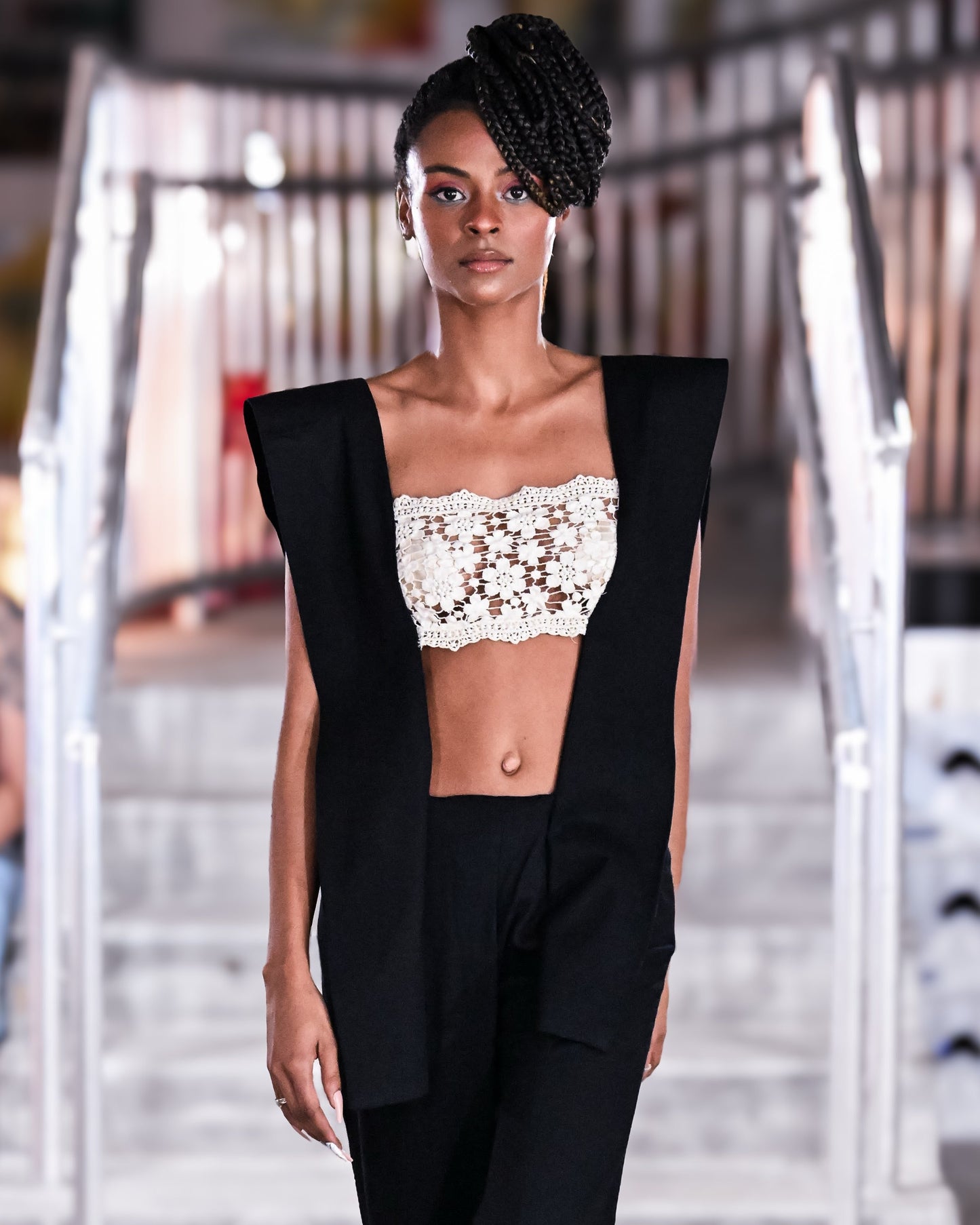 Midnight Eclipse Organic Ivory Cotton Lace Cropped top and black jumpsuit