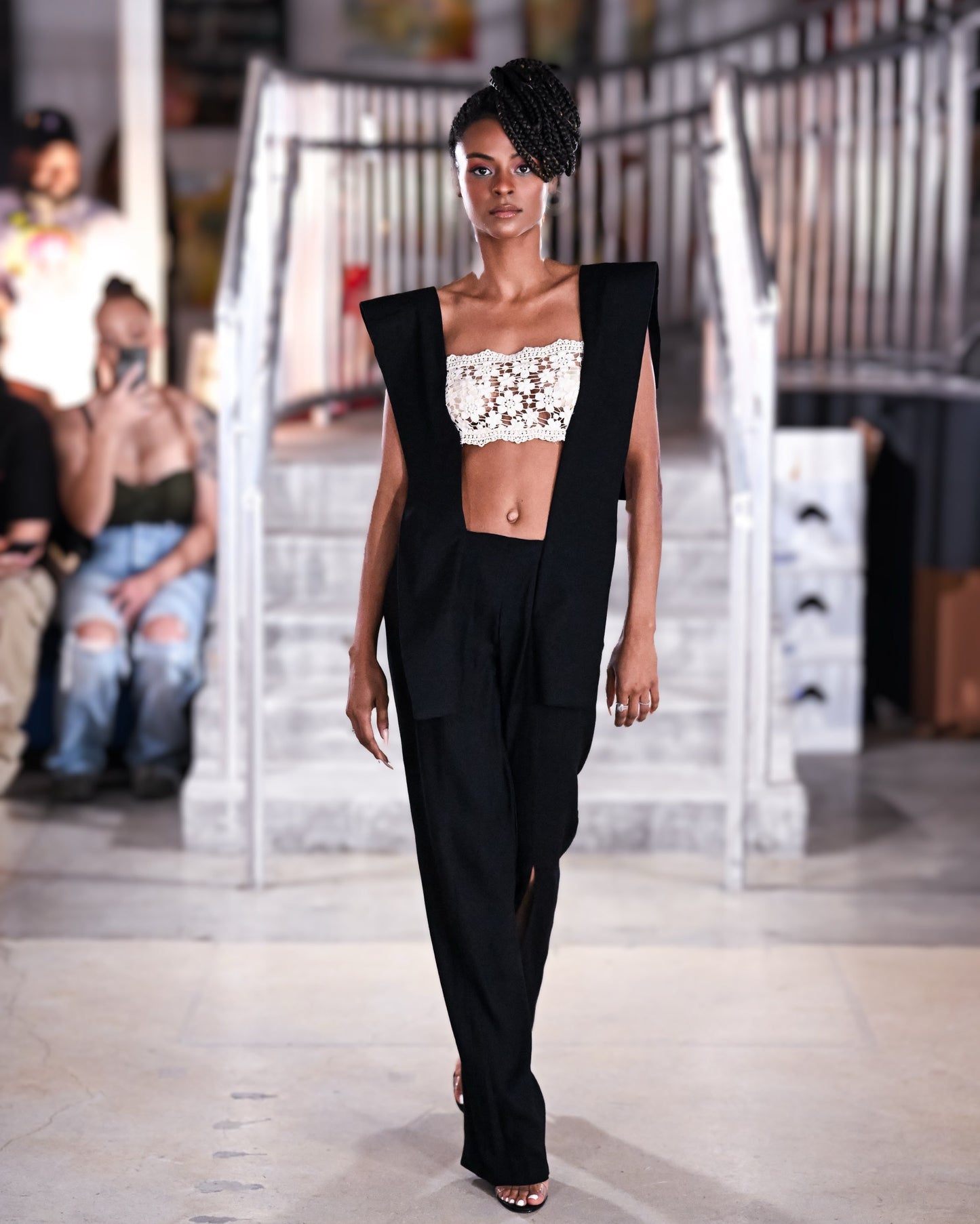 Midnight Eclipse Organic Ivory Cotton Lace Cropped top and black jumpsuit