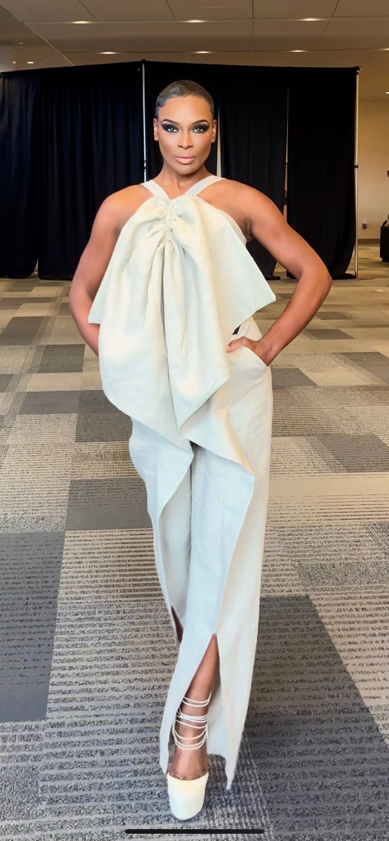 Anastasi Fashion design – Bowtie Linen Jumpsuit (Front at Columbus Fashion Week)