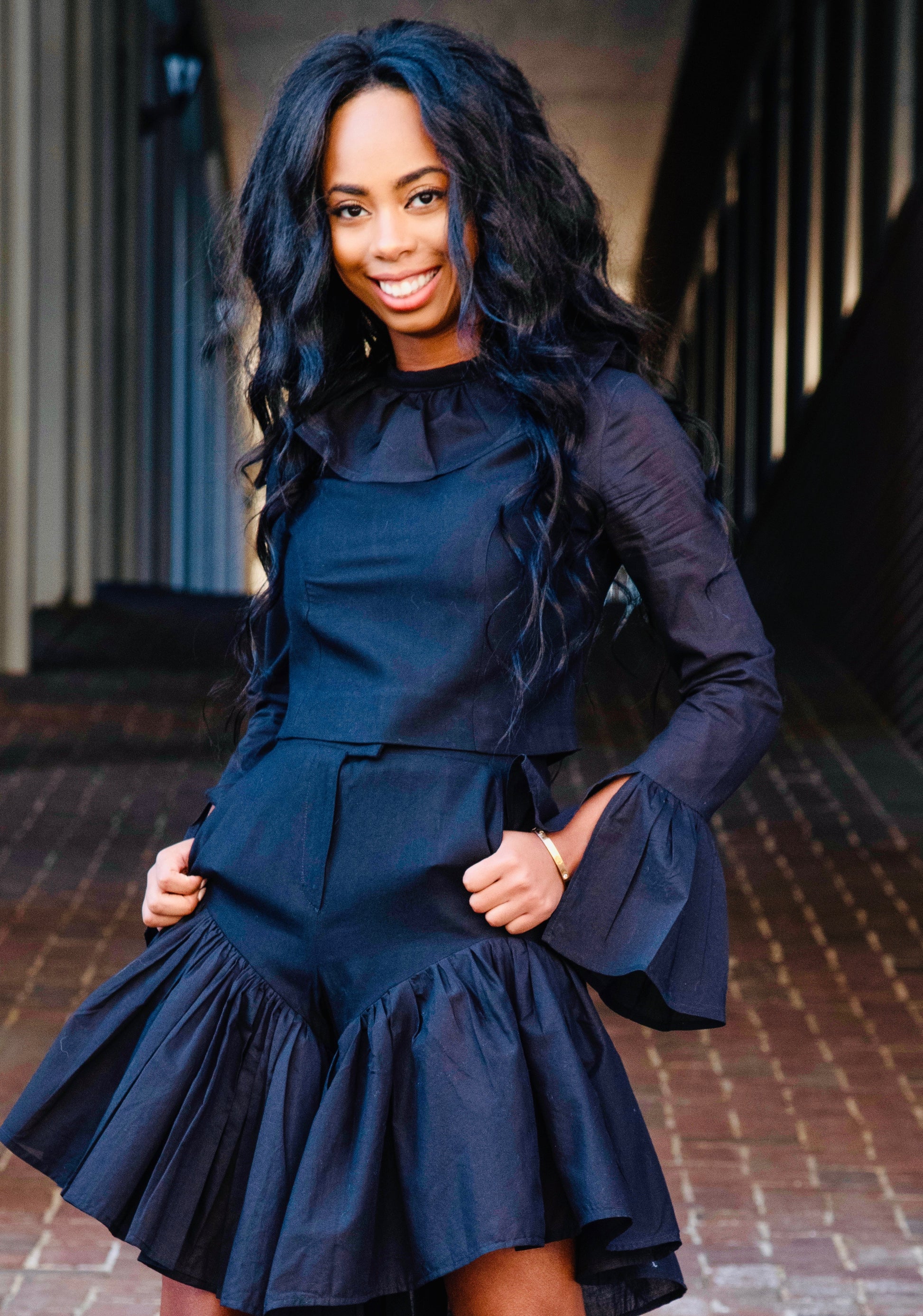 Anastasi Fashion design – Cafe Espresso Ensemble, Top and Bloomers (Front Stance)