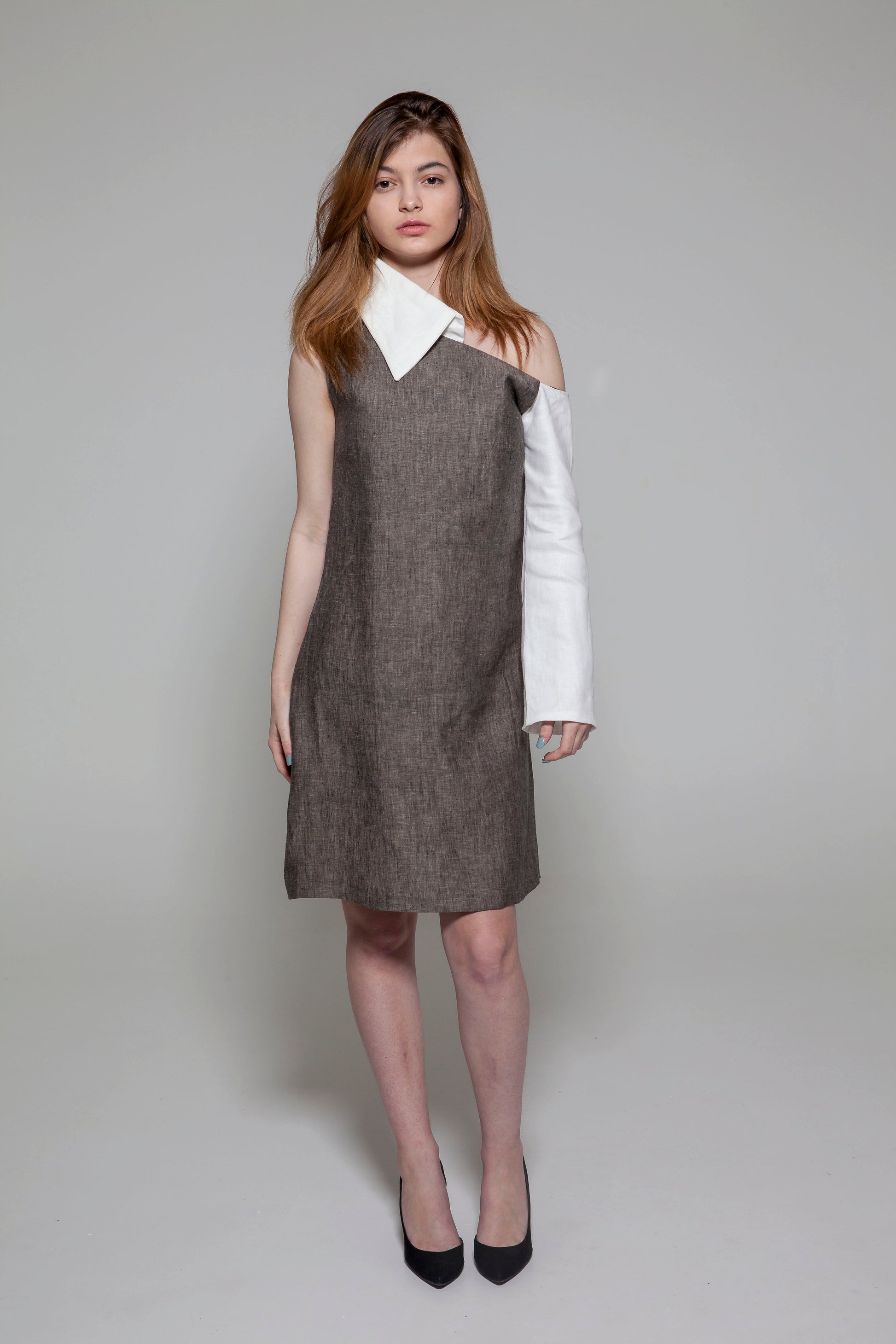 Anastasi Fashion design – "Shirt" Linen Dress (Front, Arms to Side)