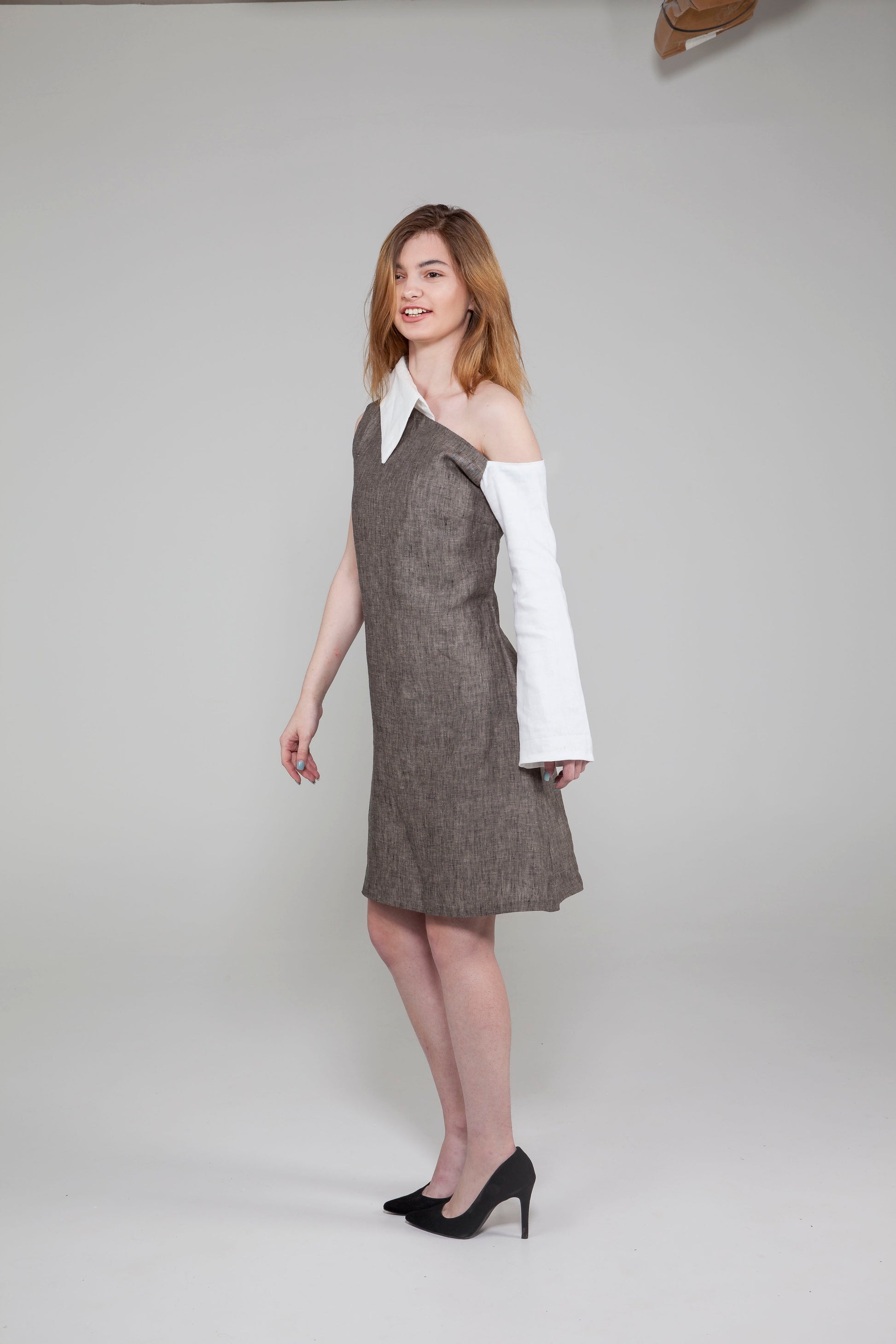Anastasi Fashion design – "Shirt" Linen Dress (Side Stance)